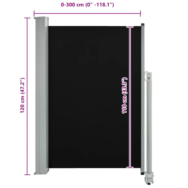 vidaXL fekete behúzható oldalsó terasz napellenző 120 x 300 cm