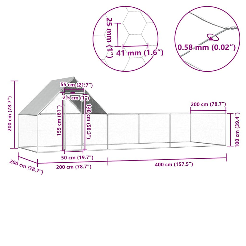vidaXL horganyzott acél tyúkól 6 x 2 x 2 m