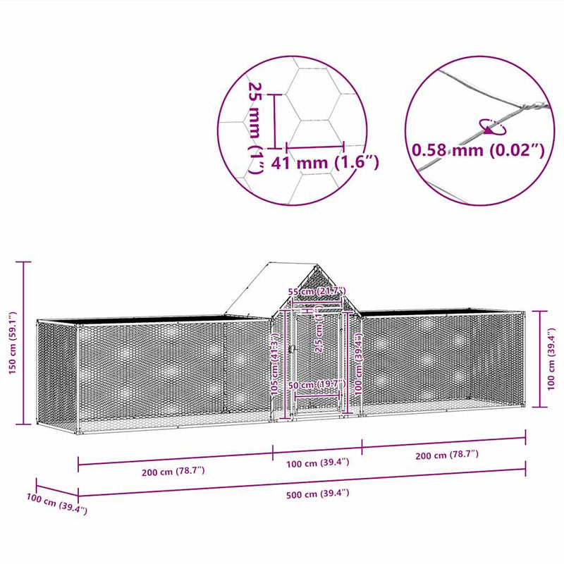 vidaXL horganyzott acél tyúkól 5 x 1 x 1,5 m