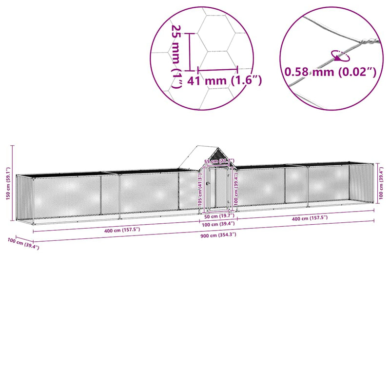 vidaXL horganyzott acél tyúkól 9 x 1 x 1,5 m