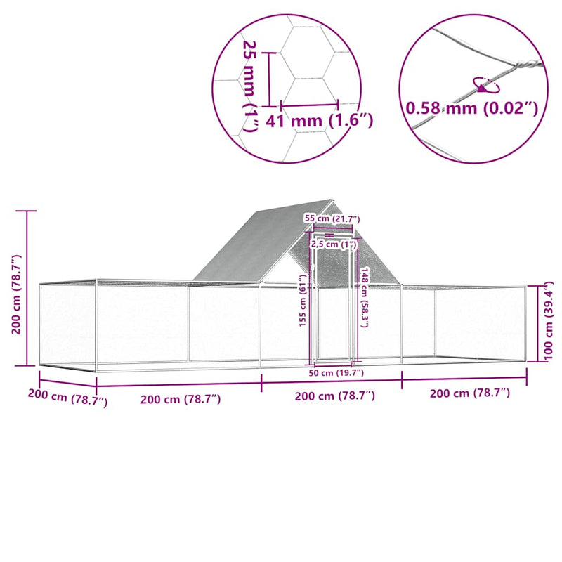 vidaXL horganyzott acél tyúkól 6 x 2 x 2 m