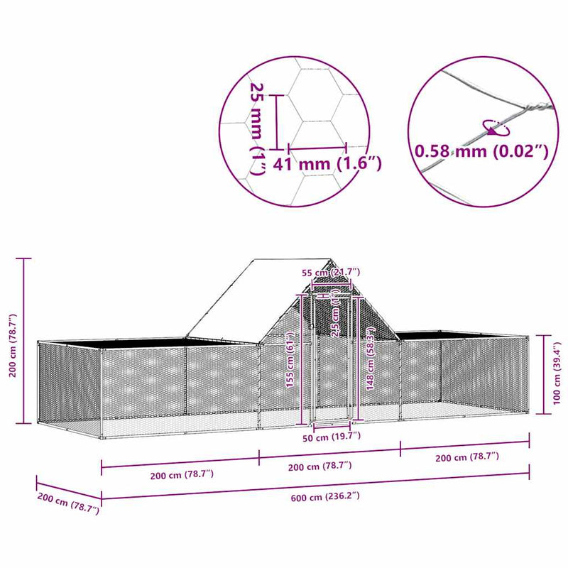 vidaXL horganyzott acél tyúkól 6 x 2 x 2 m