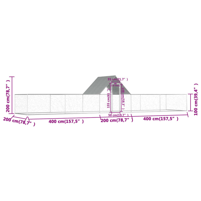 vidaXL horganyzott acél tyúkól 10 x 2 x 2 m