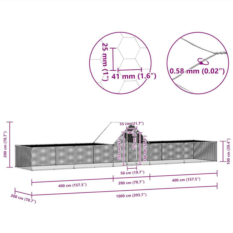 vidaXL horganyzott acél tyúkól 10 x 2 x 2 m
