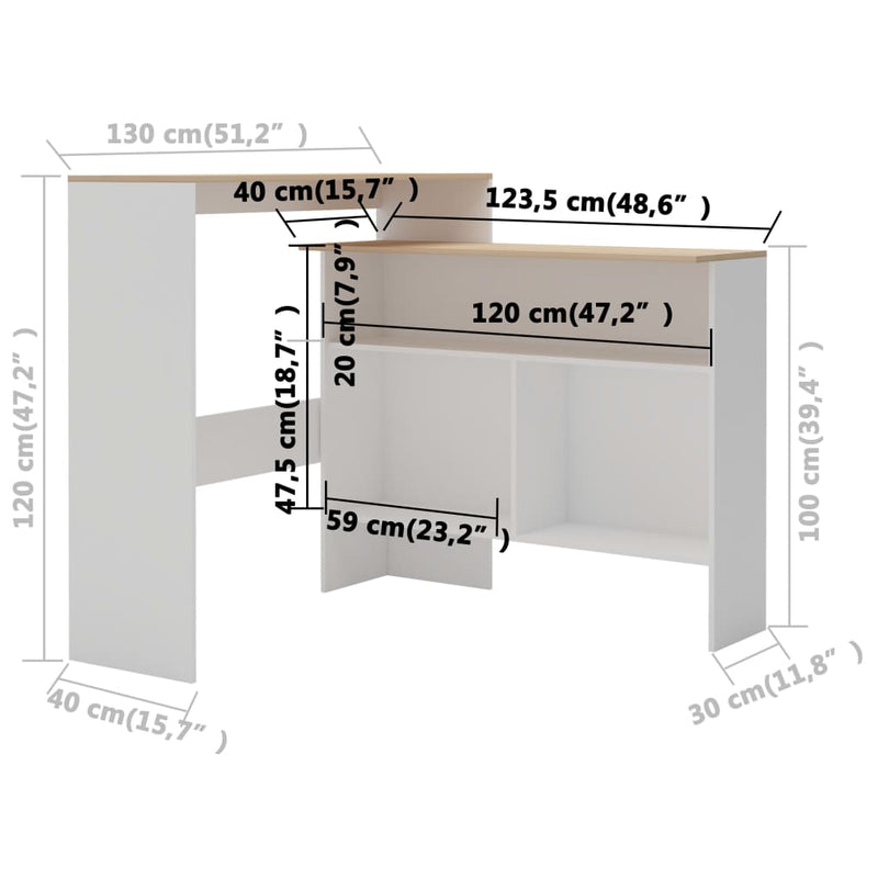 vidaXL fehér és tölgyszínű bárasztal 2 asztallappal 130 x 40 x 120 cm