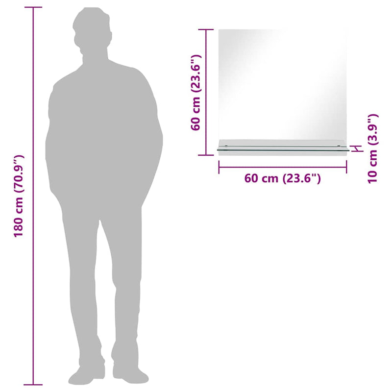 vidaXL edzett üveg falitükör polccal 60 x 60 cm