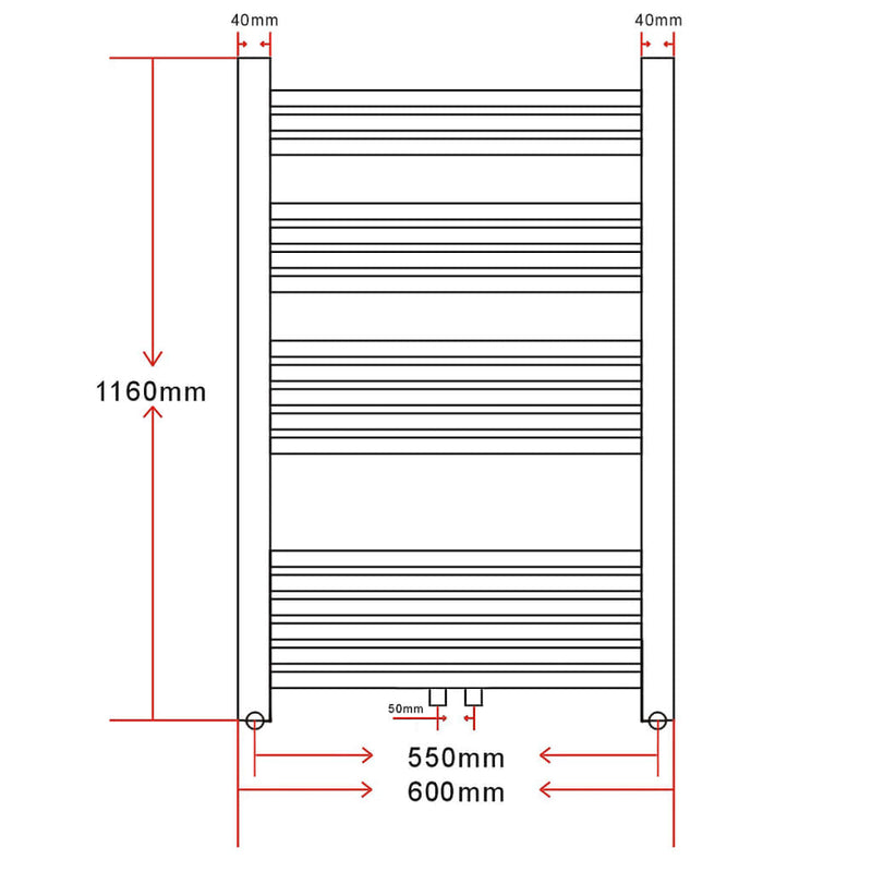 Fürdőszobai törölközőszárító radiátor központi fűtéssel oldalsó és középső csatlakozóval ívelt 600 x 1160 mm
