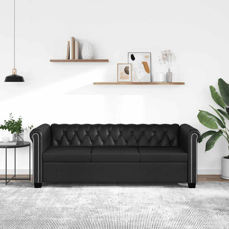 vidaXL 3 személyes fekete műbőr Chesterfield kanapé