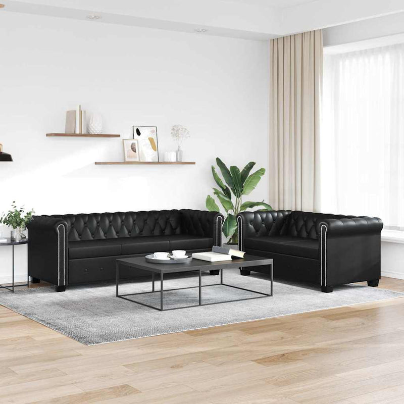 vidaXL 2 személyes és 3 személyes fekete műbőr Chesterfield kanapé