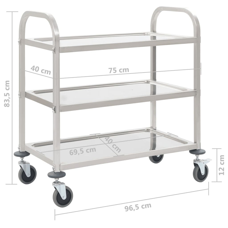 vidaXL 3 szintes rozsdamentes acél zsúrkocsi 95x45x83,5cm