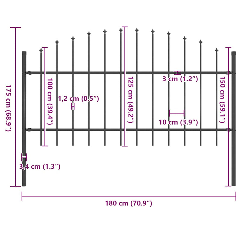 vidaXL fekete acél kerti kerítés lándzsás tetejű 181 x 125 cm