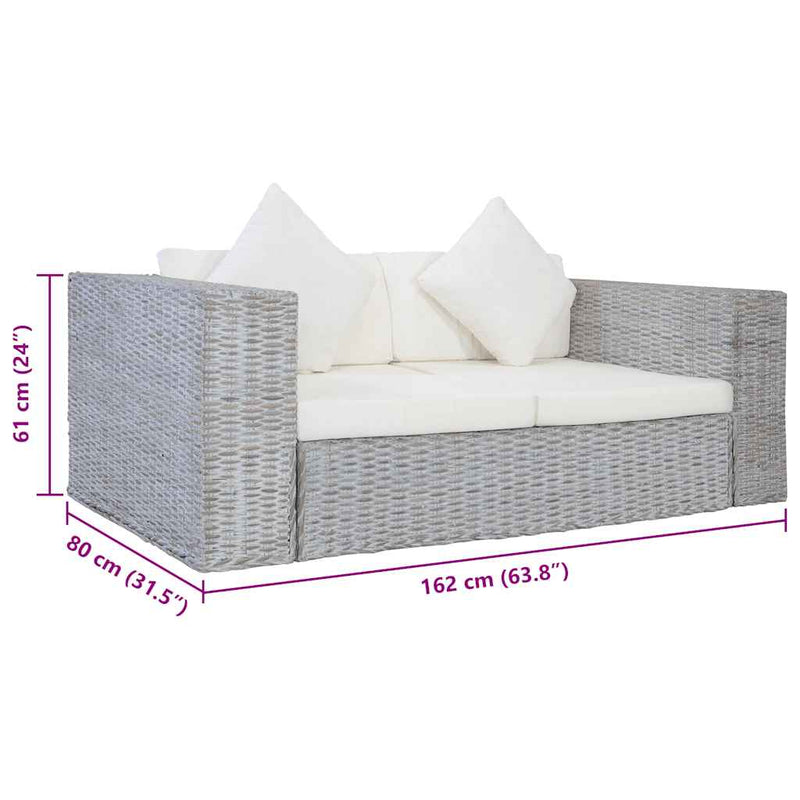 vidaXL 2 személyes szürke természetes rattan kanapé párnával