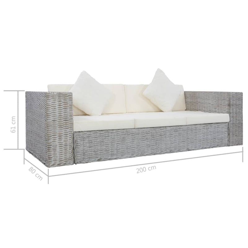 vidaXL 3 személyes szürke természetes rattan kanapé párnával