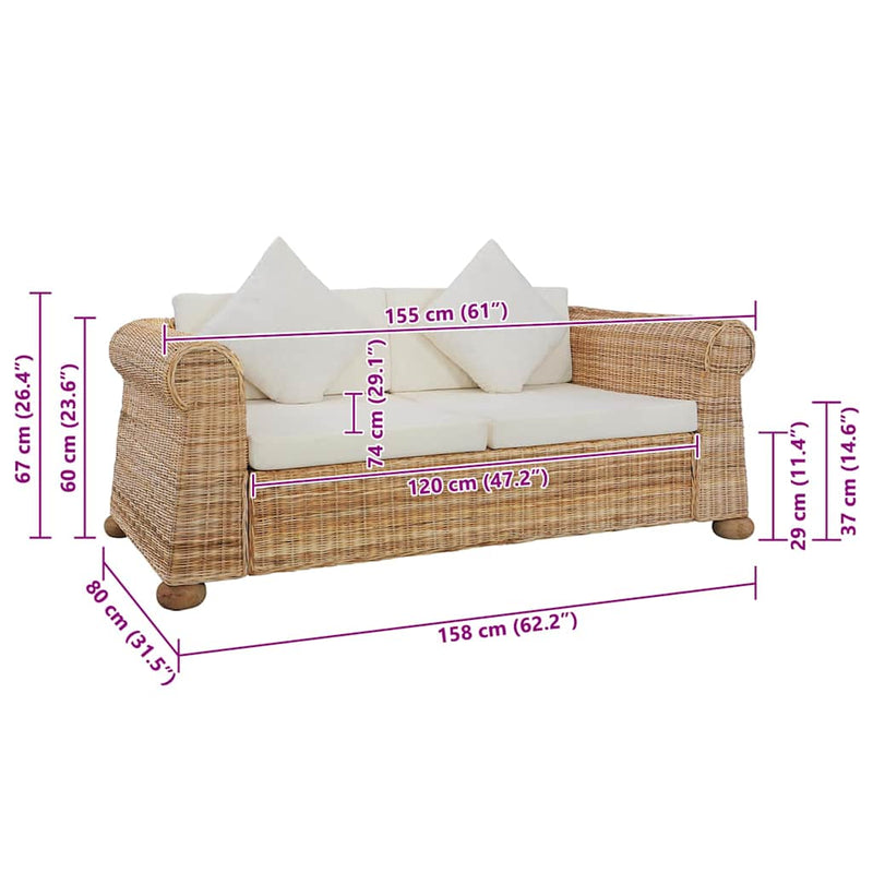 vidaXL 2 személyes természetes rattan kanapé párnákkal