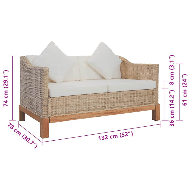 vidaXL 2 személyes természetes rattan kanapé párnával