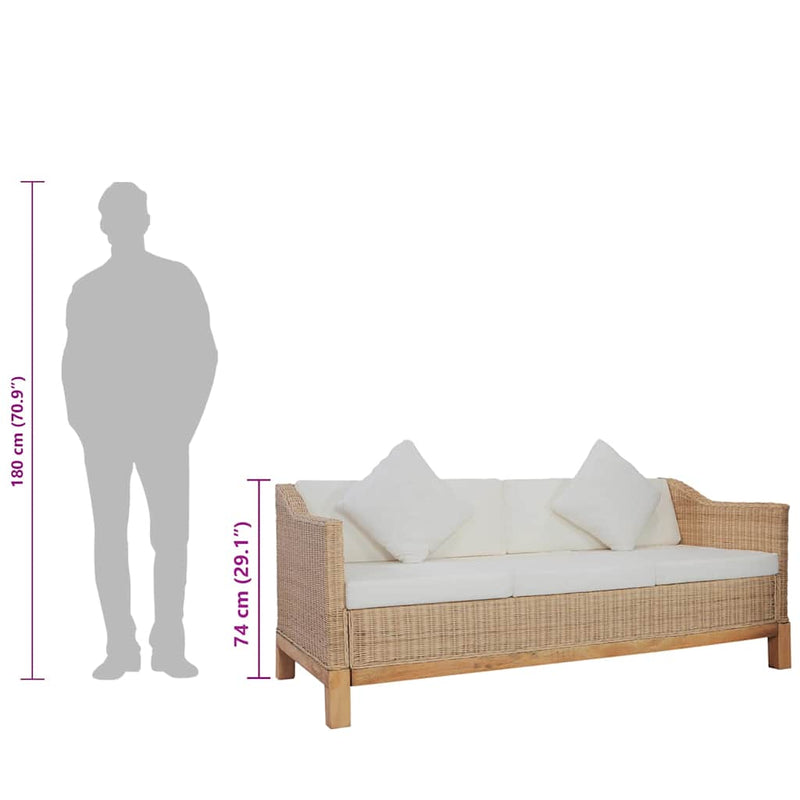 vidaXL 3 személyes természetes rattan kanapé párnával