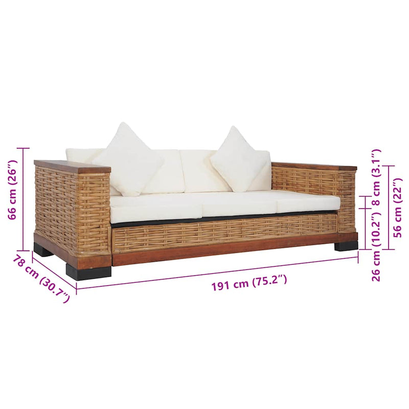 vidaXL 3 személyes barna természetes rattan kanapé párnával