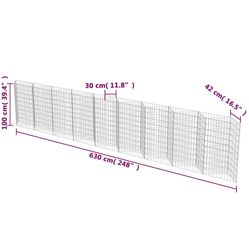vidaXL horganyzott acél gabion fal 630 x 30 x 100 cm