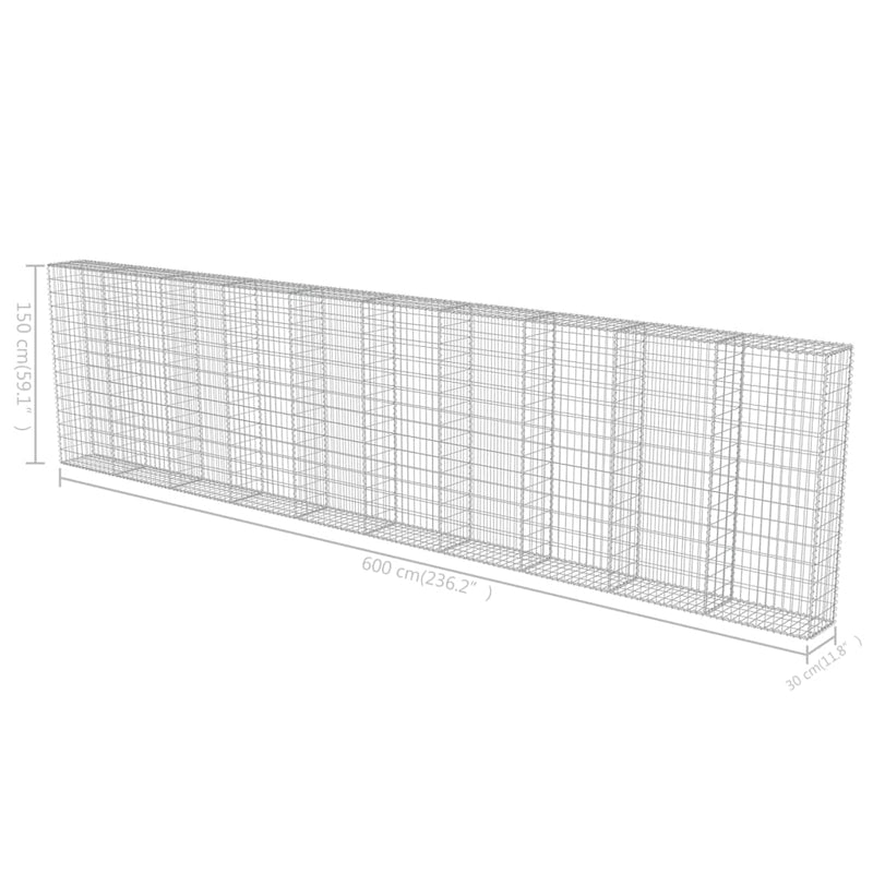 vidaXL horganyzott acél gabion fal fedéllel 600 x 30 x 150 cm