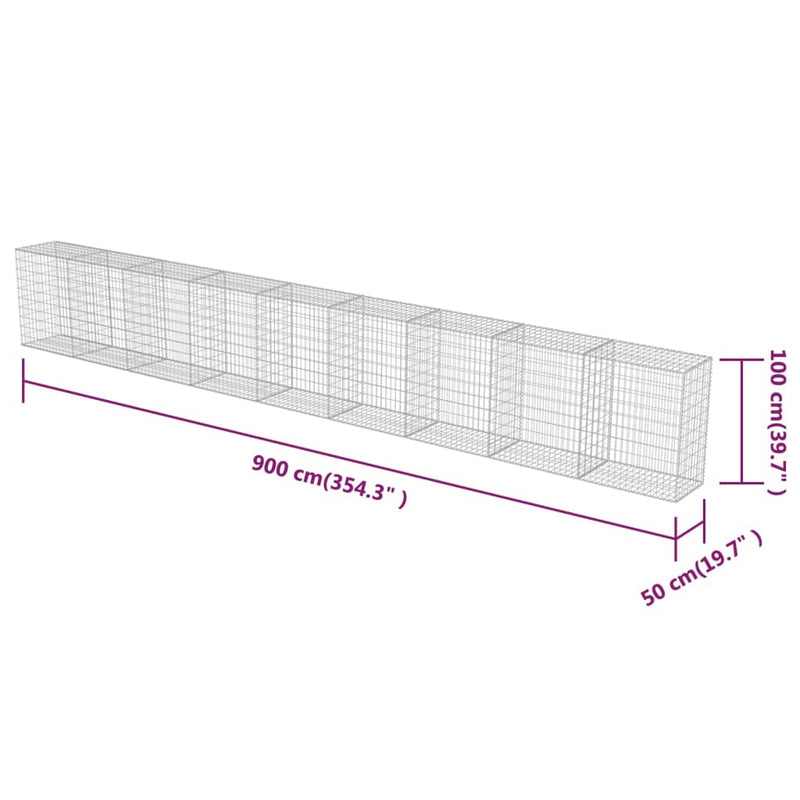 vidaXL horganyzott acél gabion fal fedéllel 900 x 50 x 100 cm