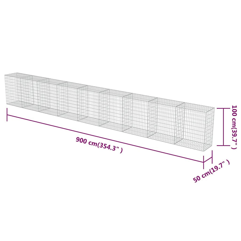 vidaXL horganyzott acél gabion fal fedéllel 900 x 50 x 100 cm