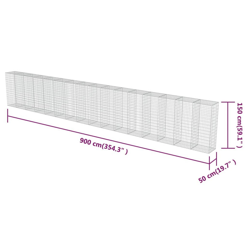 vidaXL horganyzott acél gabion fal fedéllel 900 x 50 x 150 cm