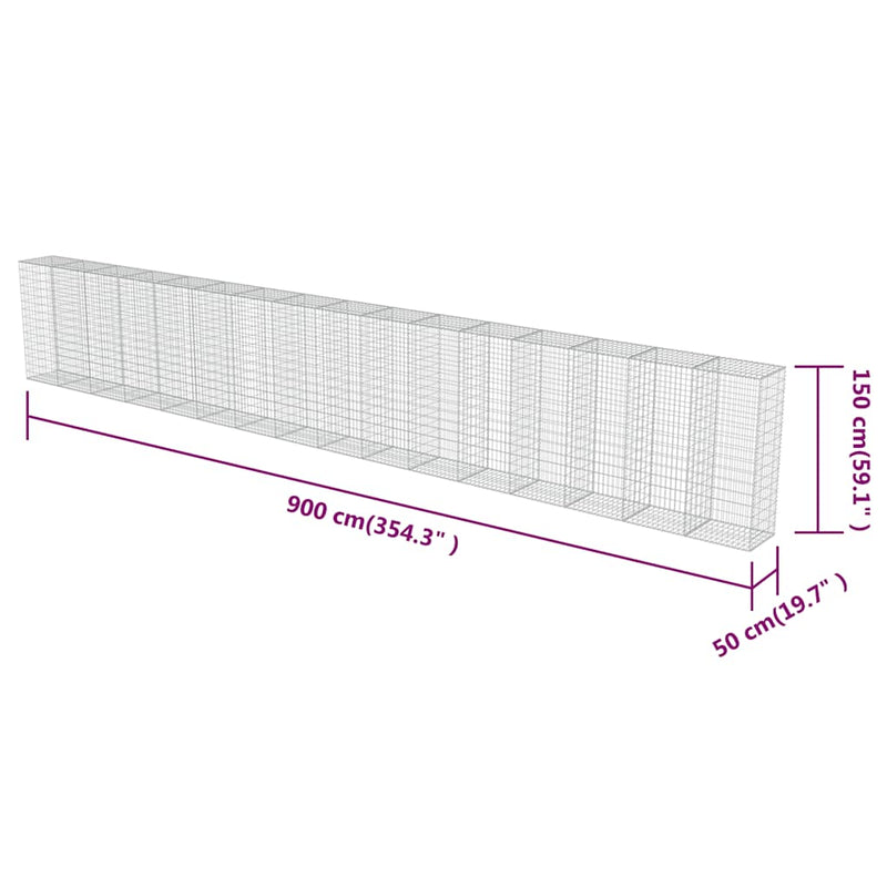 vidaXL horganyzott acél gabion fal fedéllel 900 x 50 x 150 cm