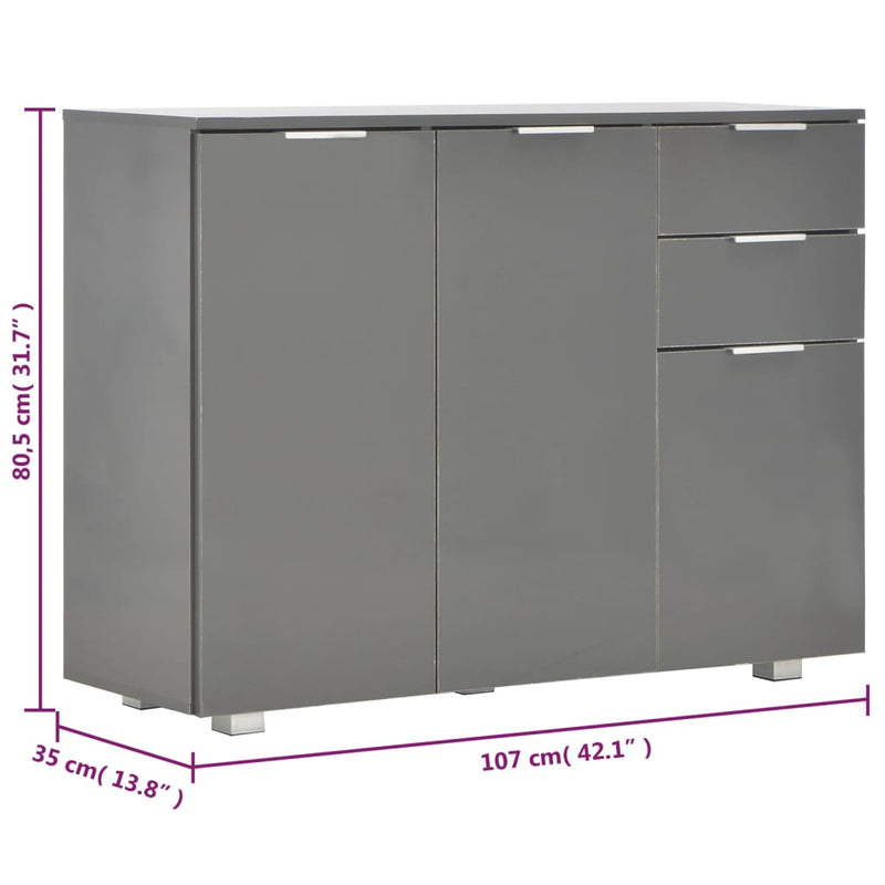 vidaXL szürke magasfényű tálalószekrény 107x35x80,5 cm