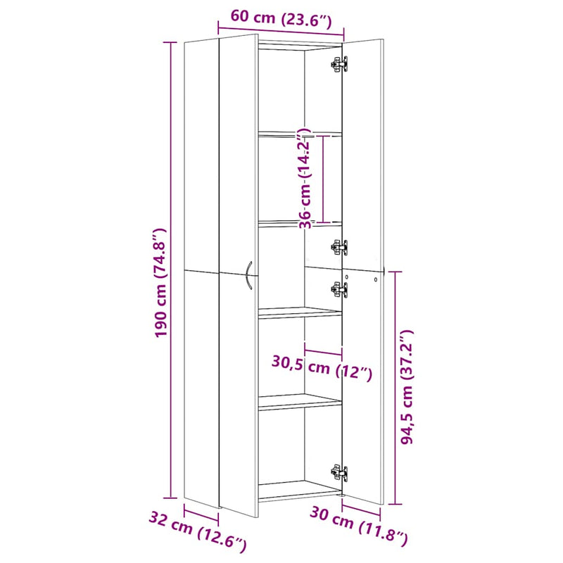 vidaXL fehér szerelt fa irodaszekrény 60 x 32 x 190 cm