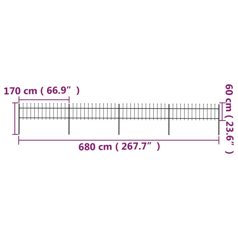 vidaXL fekete lándzsahegyes tetejű kerti acélkerítés 6,8 x 0,6 m