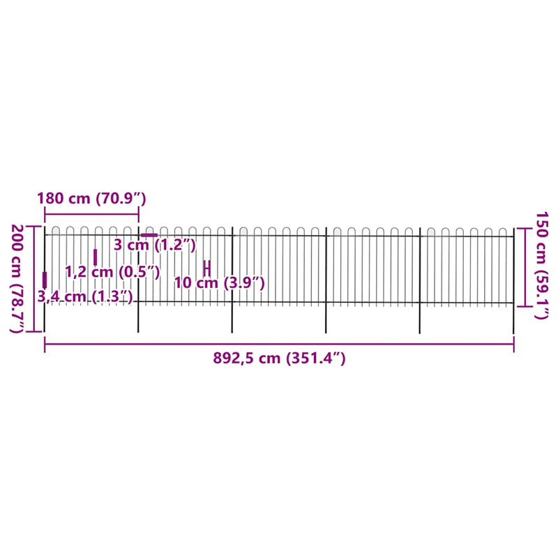 vidaXL fekete acélkerítés karikás tetejű 892,5 x 150 cm