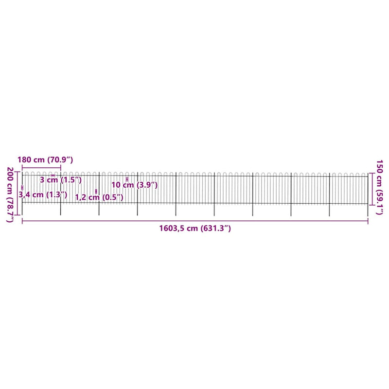 vidaXL fekete acélkerítés karikás tetejű 1603,5 x 150 cm