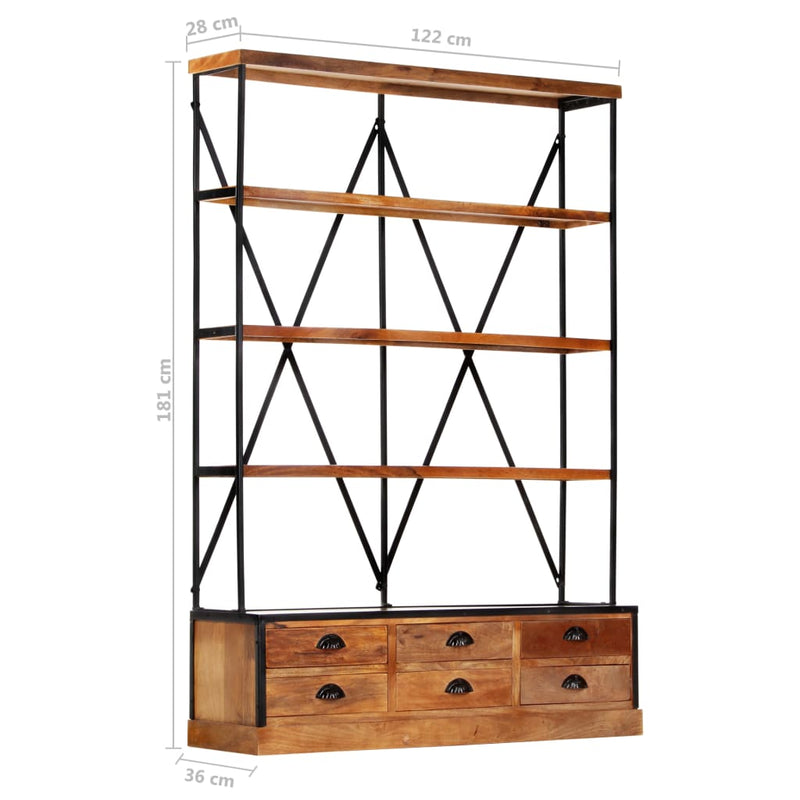 vidaXL 4-szintes tömör mangófa könyvespolc 6 fiókkal 122 x 36 x 181 cm