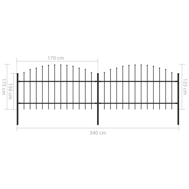 vidaXL fekete acélkerítés lándzsás tetejű szegéllyel 359 x 125 cm