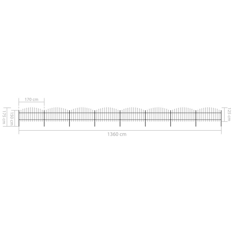 vidaXL fekete lándzsahegy tetejű acélkerítés (1-1,25) x 13,6 m