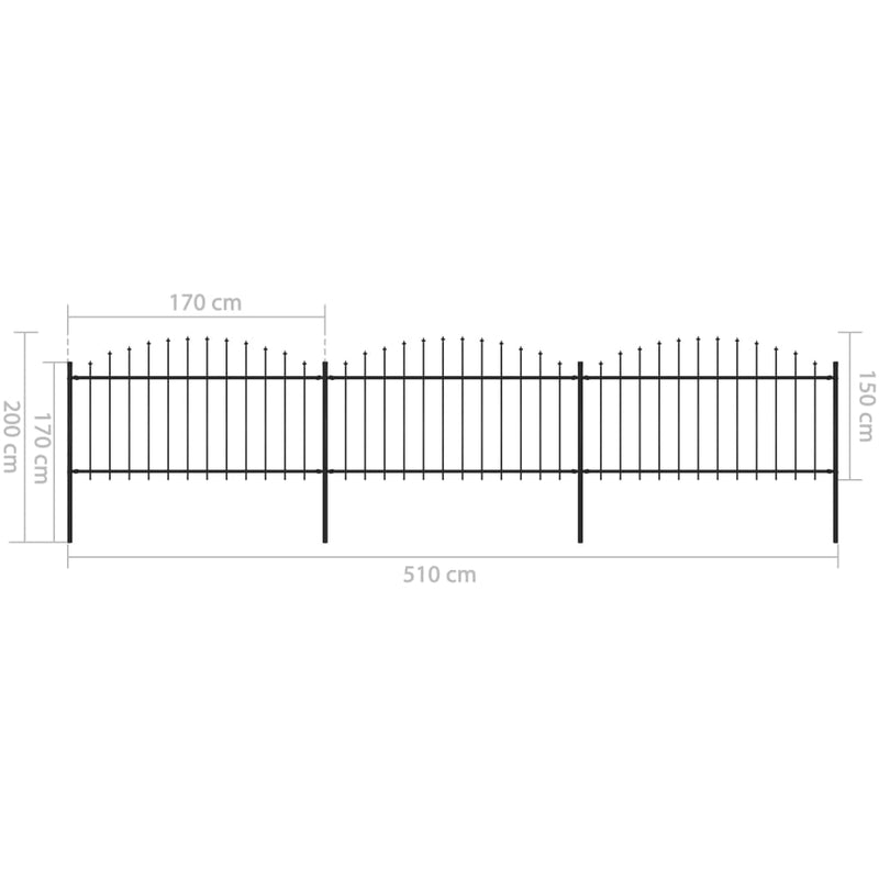 vidaXL fekete acélkerítés lándzsás tetejű szegéllyel 537 x 150 cm