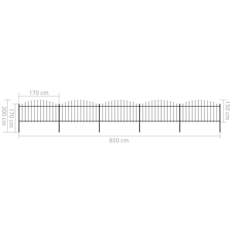 vidaXL fekete acélkerítés lándzsás tetejű szegéllyel 892,5 x 150 cm