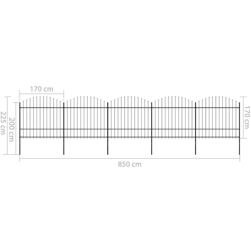 vidaXL fekete acélkerítés lándzsás tetejű szegéllyel 892,5 x 175 cm