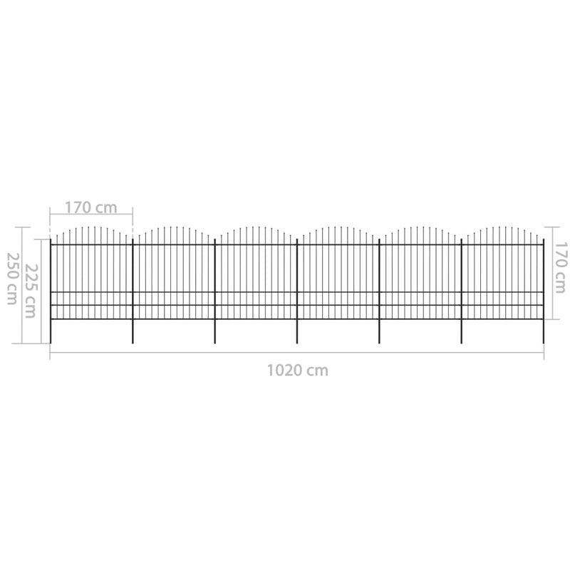 vidaXL fekete acélkerítés lándzsás tetejű szegéllyel 1070 x 200 cm