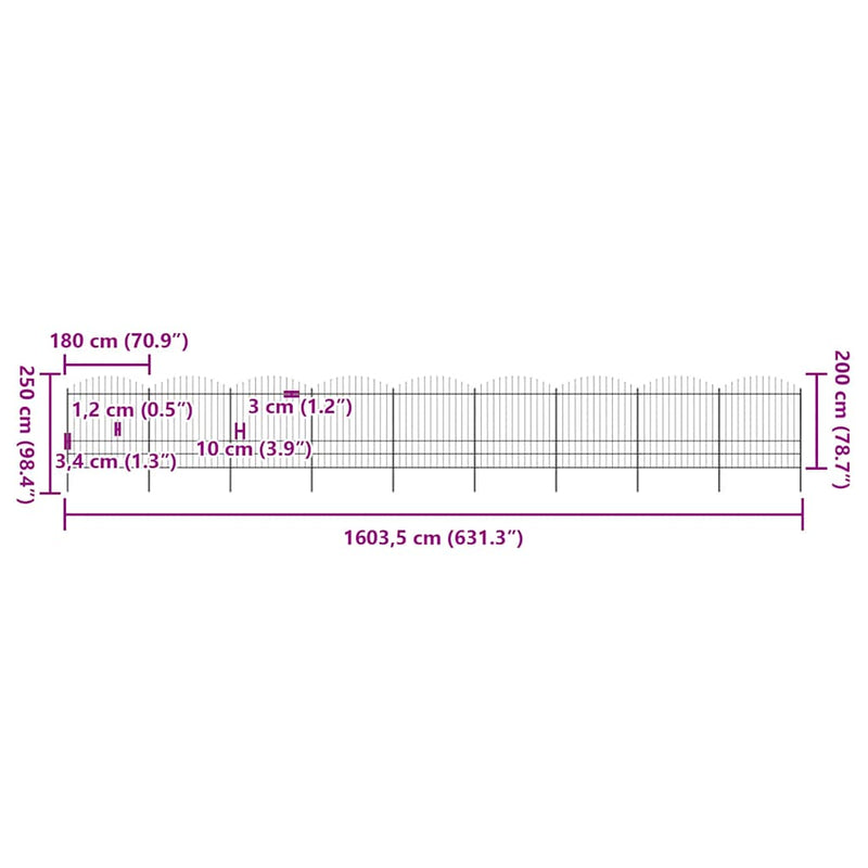 vidaXL fekete acél kerti kerítés lándzsás tetejű 1603,5 x 200 cm