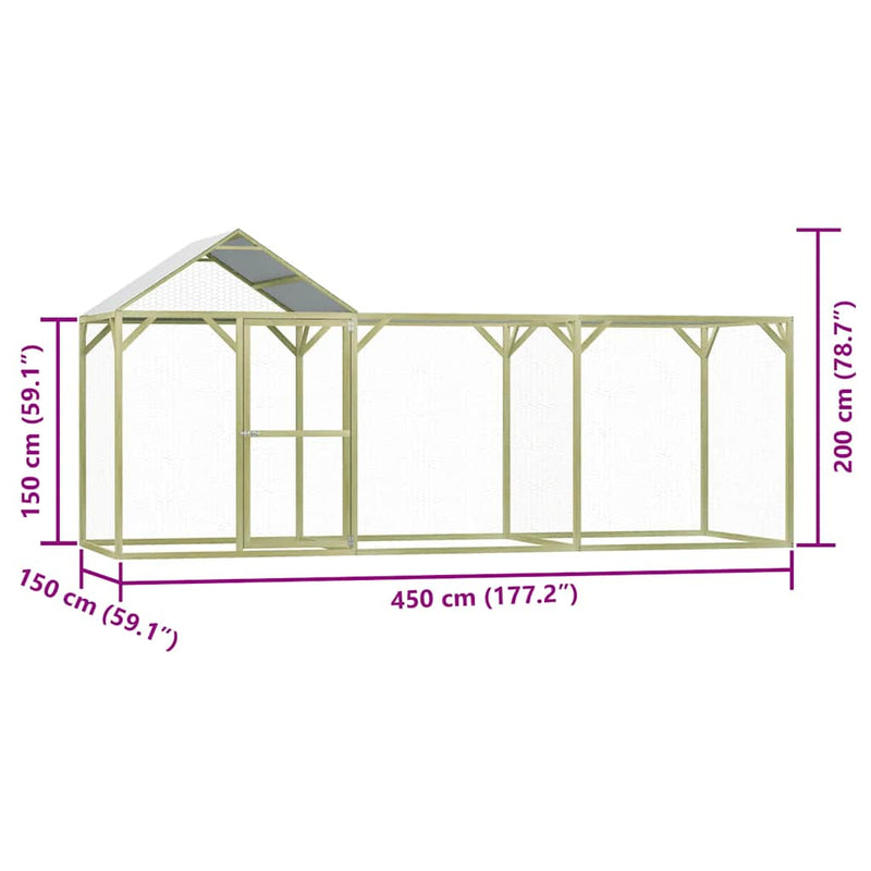 vidaXL impregnált fenyőfa tyúkól 4,5 x 1,5 x 2 m