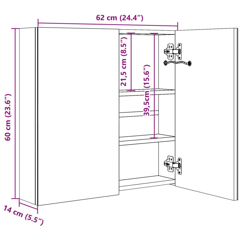 vidaXL tükrös fürdőszobaszekrény LED világítással 62 x 14 x 62 cm