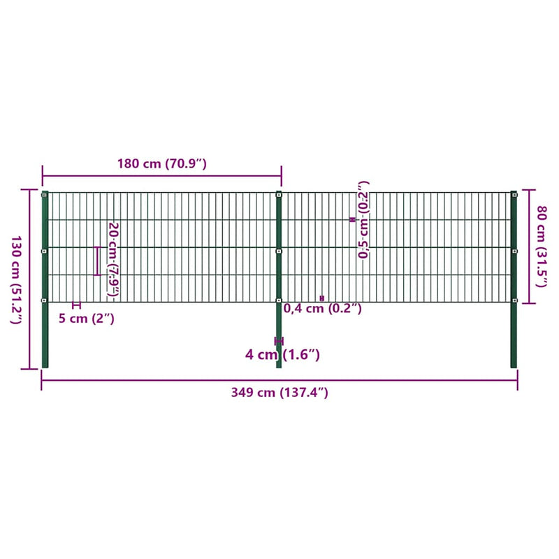 vidaXL zöld vas kerítéspanel oszlopokkal 349 x 80 cm