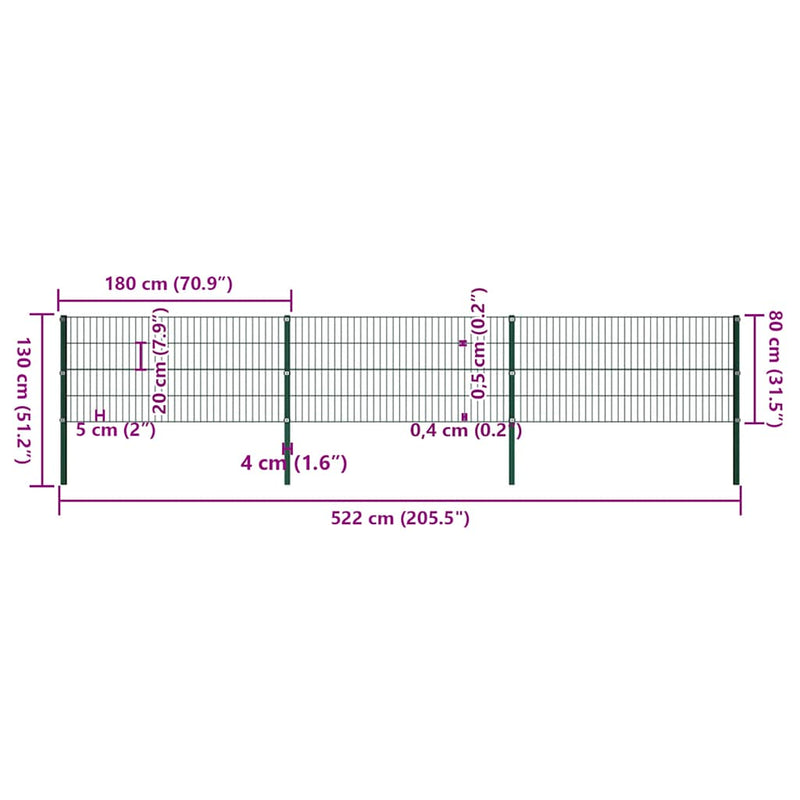 vidaXL zöld vas kerítéspanel oszlopokkal 522 x 80 cm