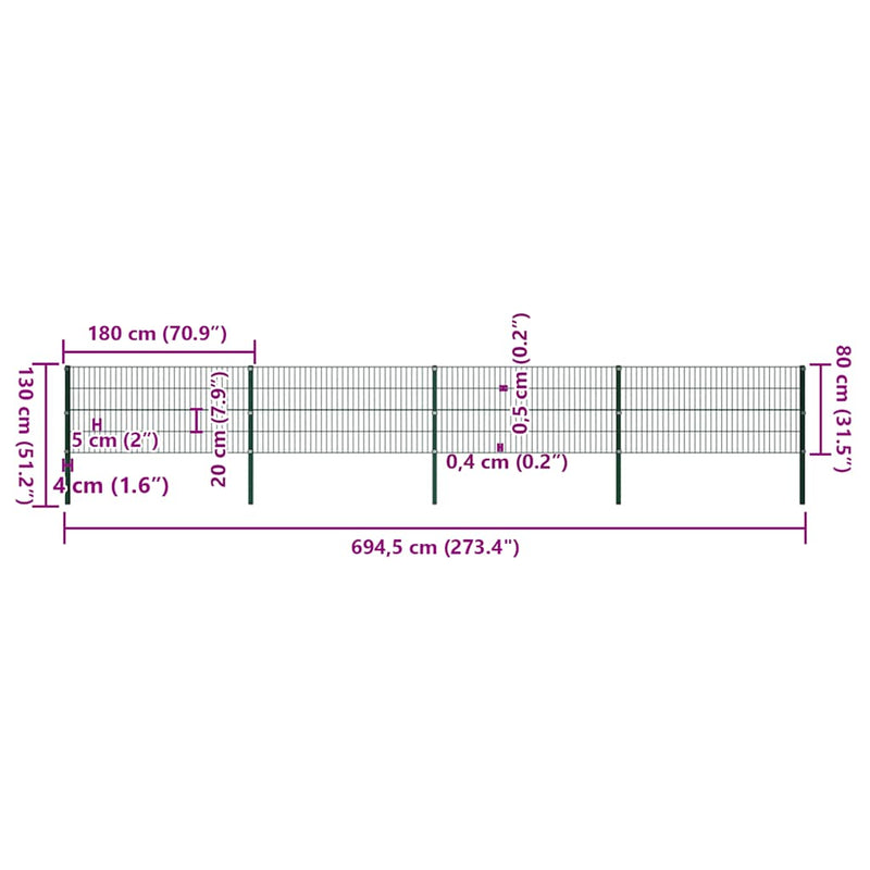 vidaXL zöld vas kerítéspanel oszlopokkal 694,5 x 80 cm