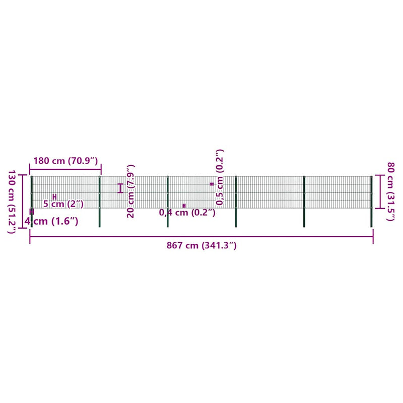 vidaXL zöld vas kerítéspanel oszlopokkal 867 x 80 cm