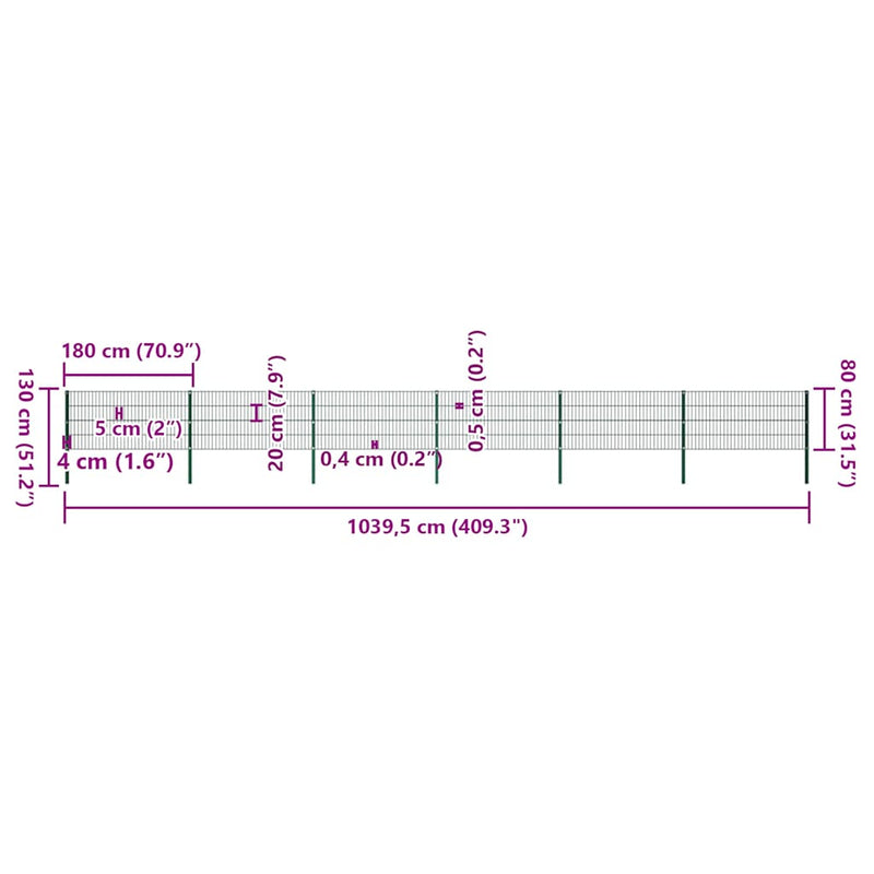 vidaXL zöld vas kerítéspanel oszlopokkal 1040 x 80 cm