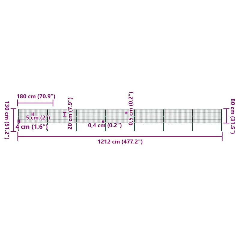 vidaXL zöld vas kerítéspanel oszlopokkal 1212 x 80 cm