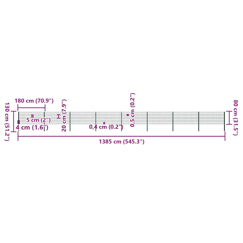 vidaXL zöld vas kerítéspanel oszlopokkal 1385 x 80 cm