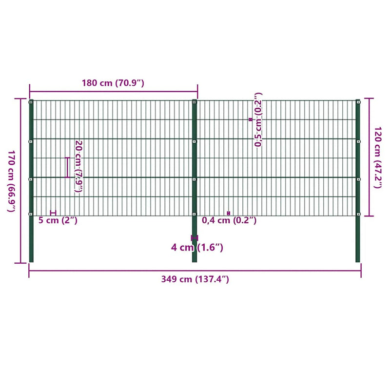 vidaXL zöld vas kerítéspanel oszlopokkal 349 x 120 cm